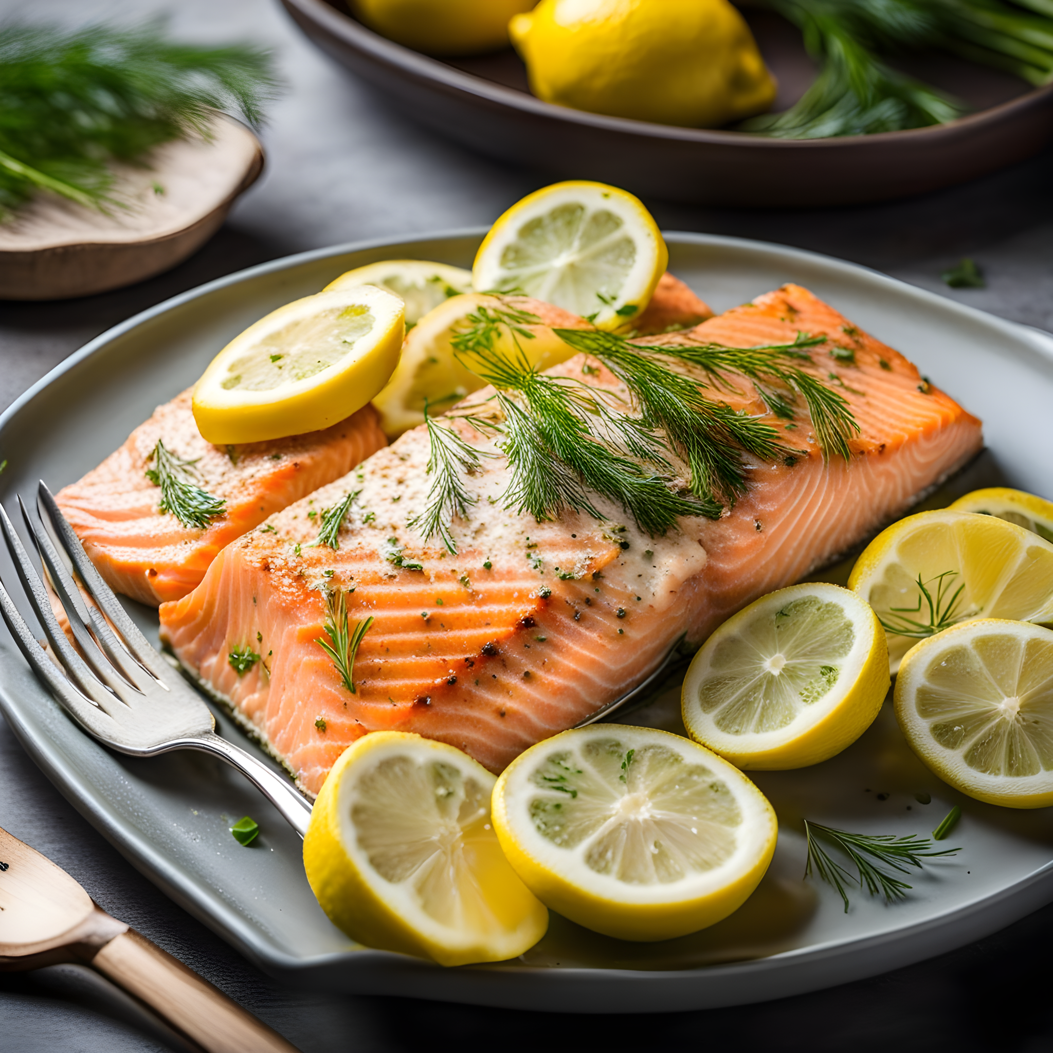 Freshly baked salmon fillets with a zesty lemon and dill infusion, served on a white plate, a delicious and healthy PCOS-friendly recipe